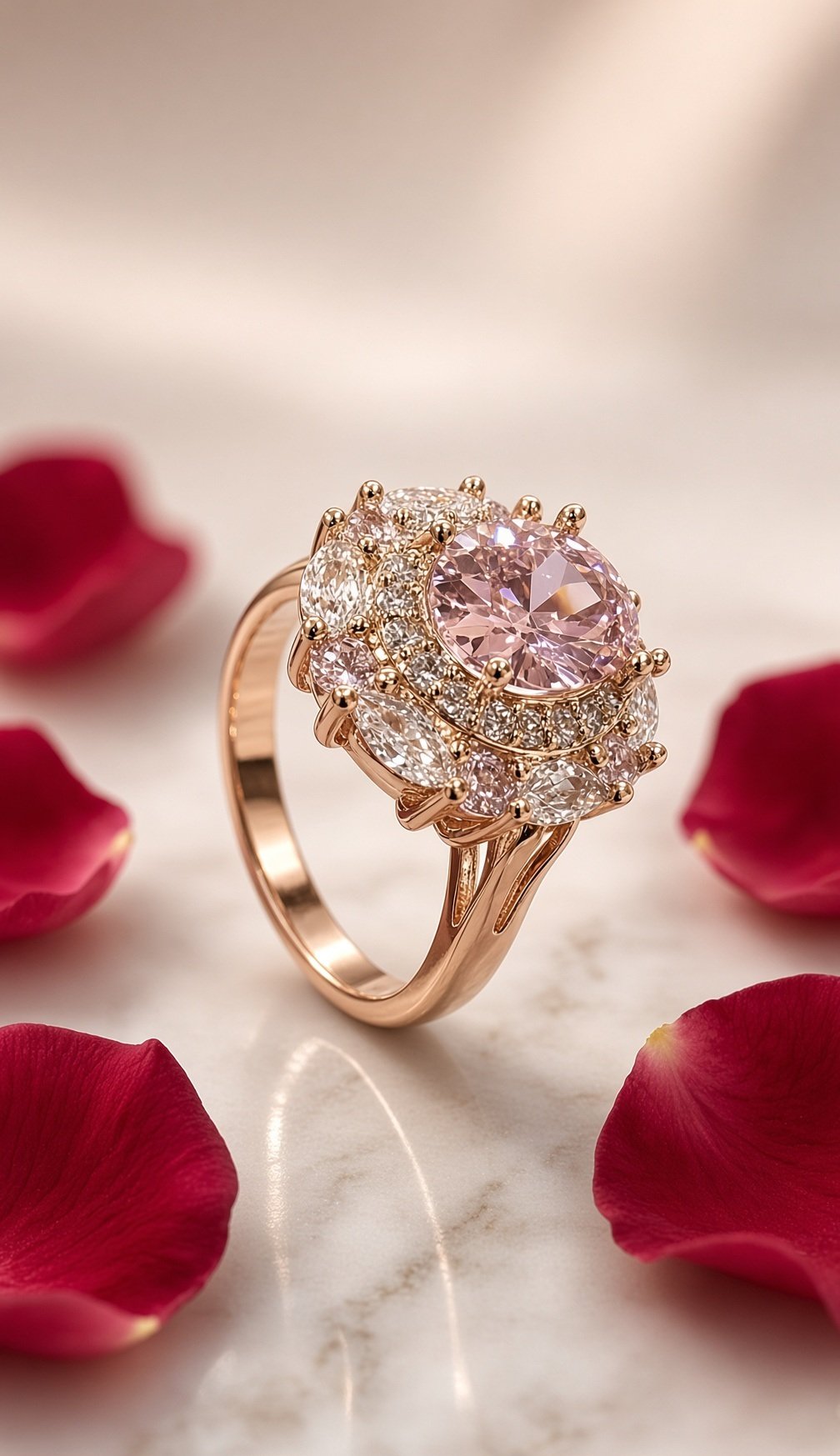 Blush Rose Pink Double Halo Adjustable Ring-Gold Finish
