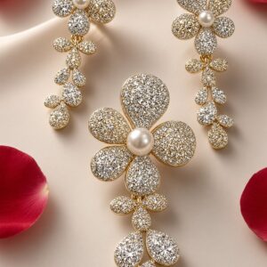 The Magnolia Pearl And Pavè Blossom Jewelry Set-Gold Finish