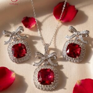 Cysne Noir Ruby Pendant set with Earrings - Platinum Finish