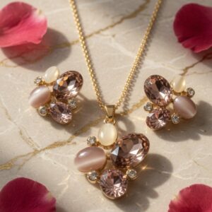 Fleur Blush Pink Dazzling Pendant Necklace With Earrings