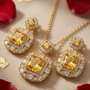 Sovereign Amber Double Halo Canary Diamond And Yellow Quartz Pendant Set-Gold Finish