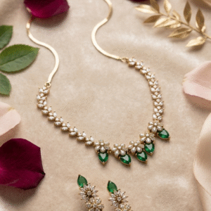 Alessandra Luxury Emerald Green Pear-Cut Diamond-Style Floral Necklace Set-Gold Finish