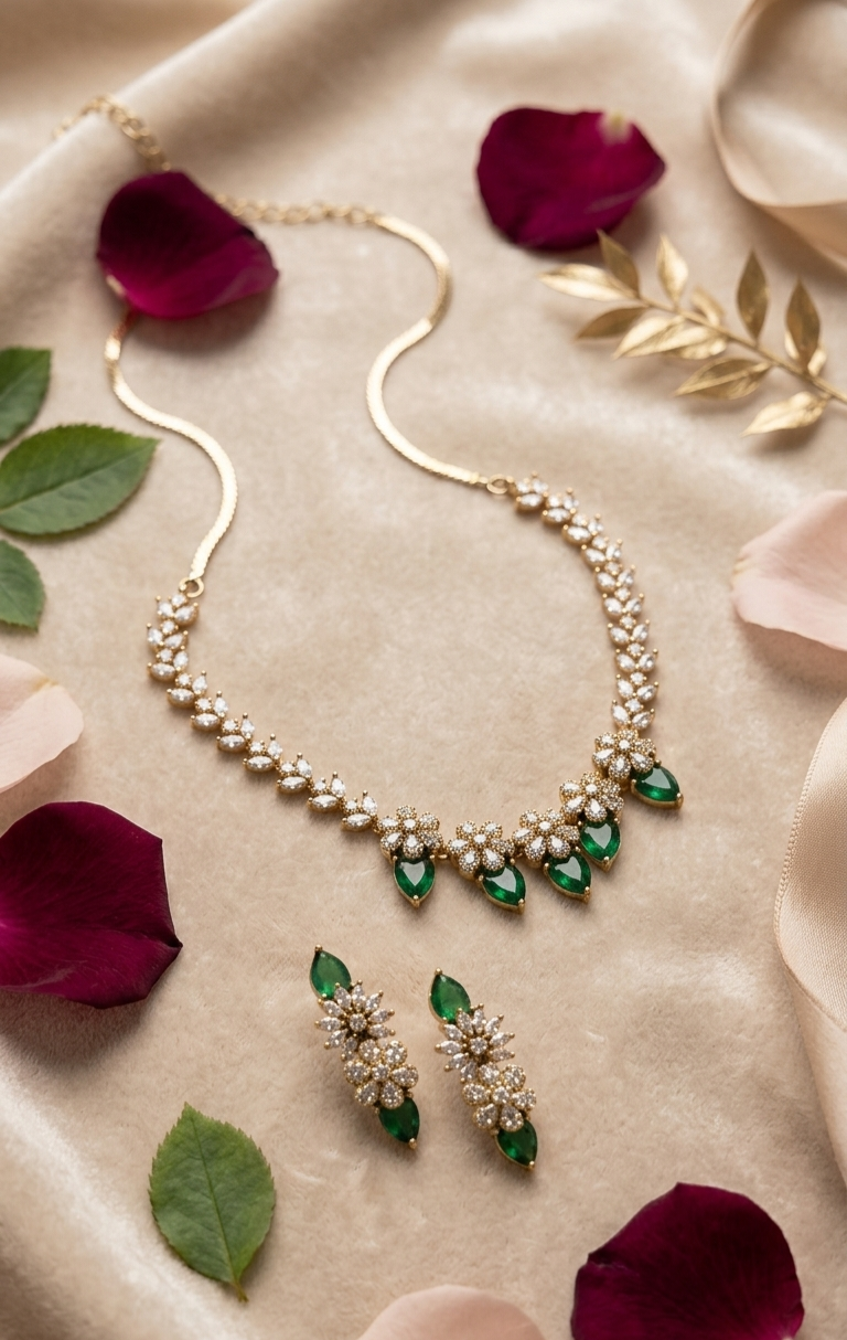Alessandra Luxury Emerald Green Pear-Cut Diamond-Style Floral Necklace Set-Gold Finish