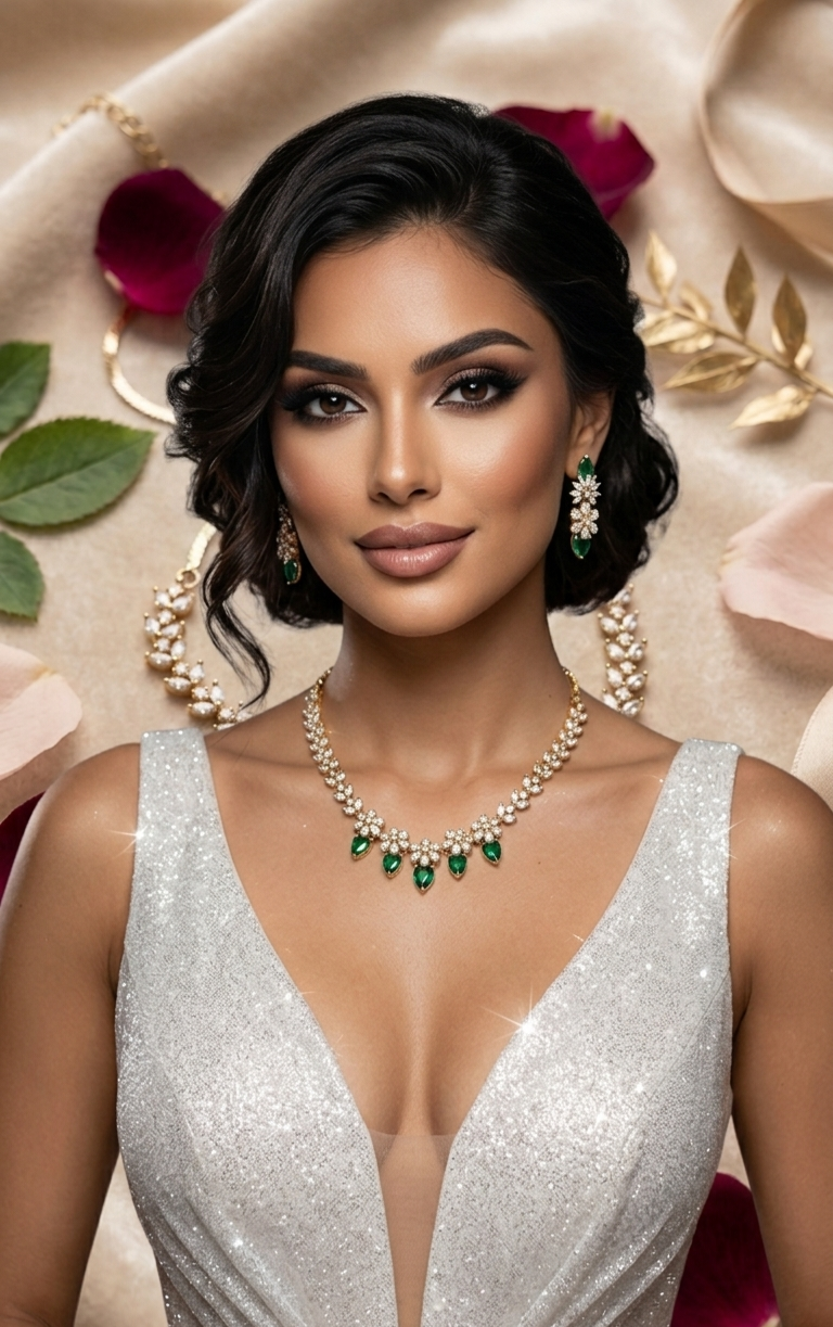 Alessandra Luxury Emerald Green Pear-Cut Diamond-Style Floral Necklace Set-Gold Finish - Image 2