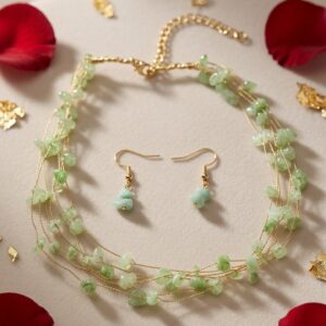 Ethereal Multi-Gemstone Layered Mint Green Necklace Set-Gold Finish