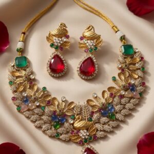 Victorian Leaf Motif Kundan Heritage Peacock And Ruby Choker Set-Gold Finish