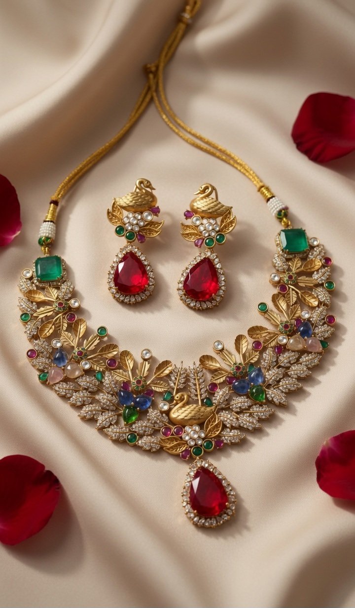 Victorian Leaf Motif Kundan Heritage Peacock And Ruby Choker Set-Gold Finish