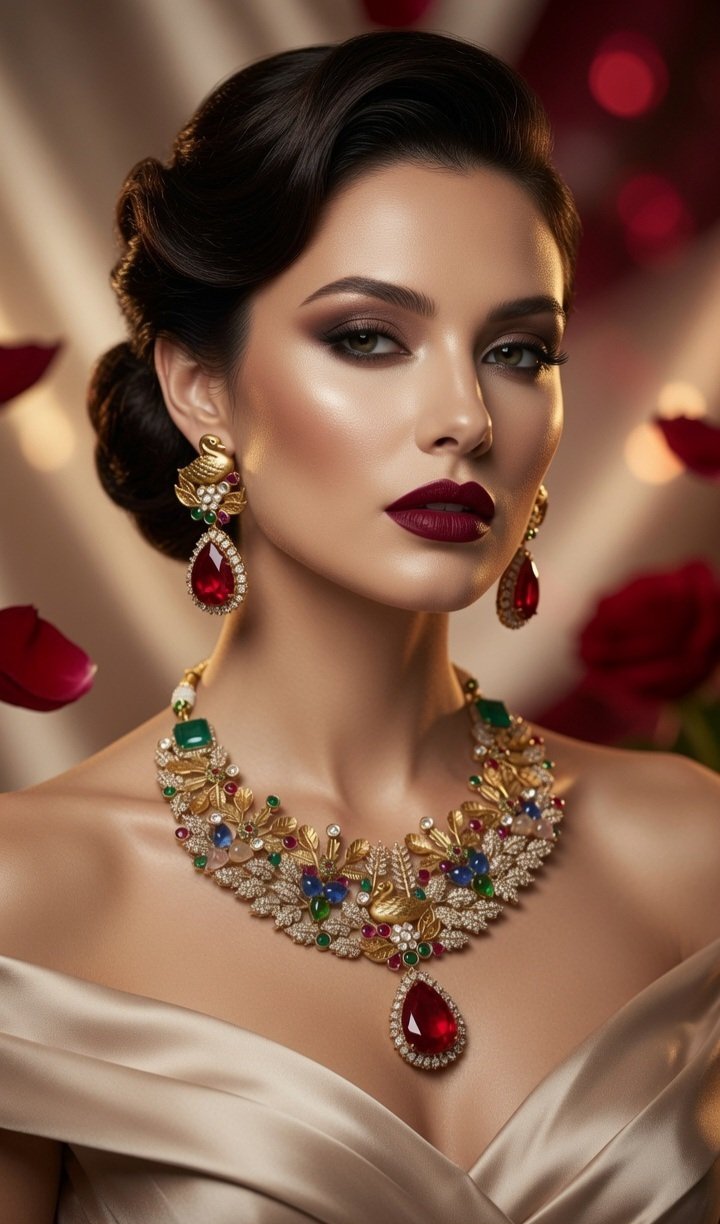 Victorian Leaf Motif Kundan Heritage Peacock And Ruby Choker Set-Gold Finish - Image 2
