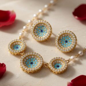 Imperial Mosaic Turquoise Evil Eye Medallion Pendant Set-Gold Finish