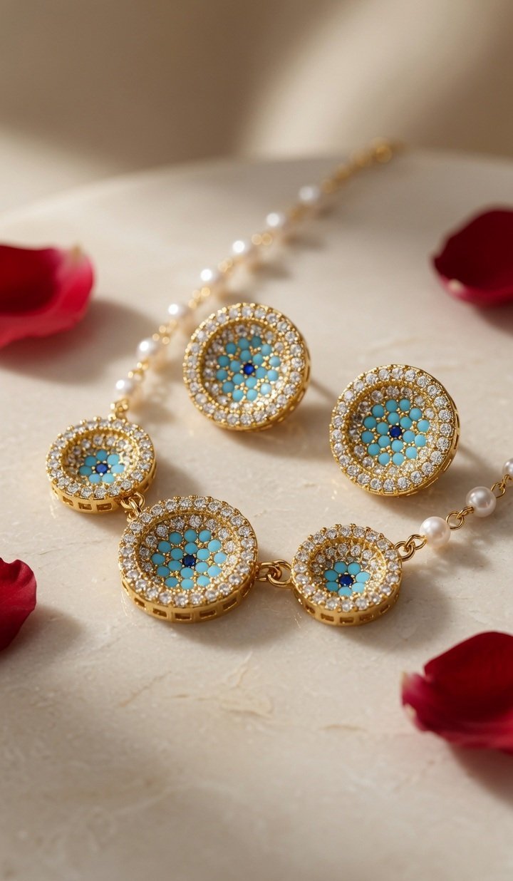 Imperial Mosaic Turquoise Evil Eye Medallion Pendant Set-Gold Finish