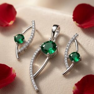 The Emerald Crest Curved Solitaire Pendant Set-Platinum Finish