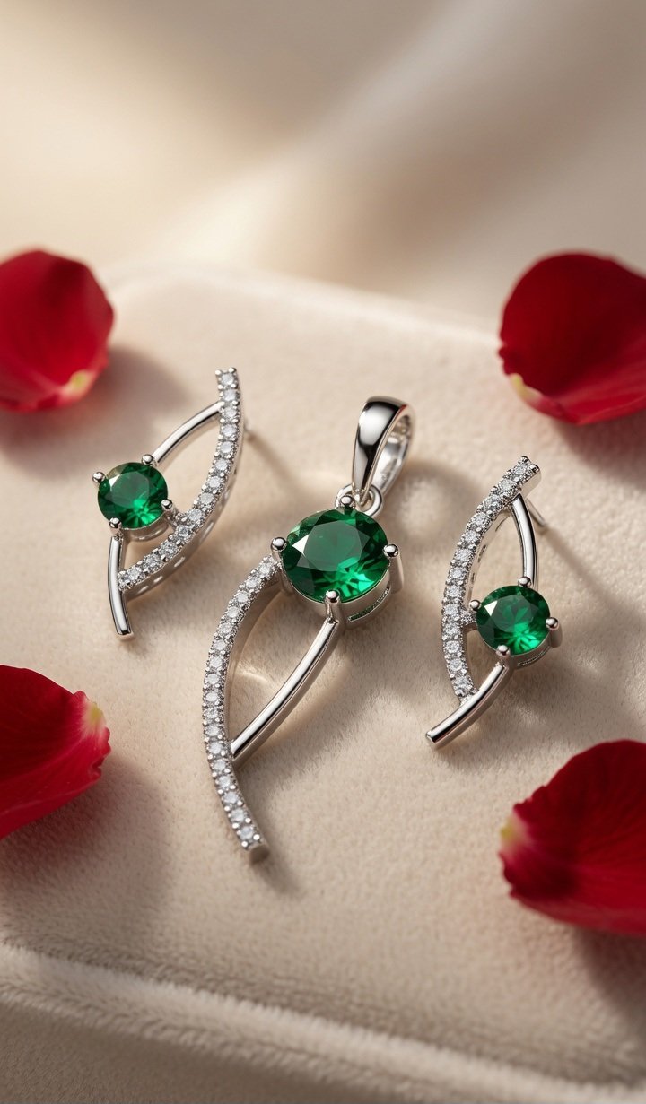 The Emerald Crest Curved Solitaire Pendant Set-Platinum Finish