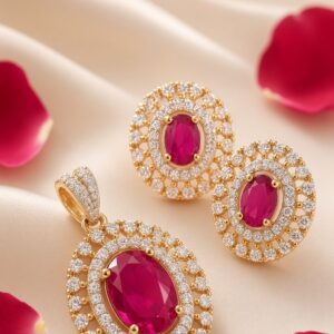 The Heritage Oval Ruby And Pavè Pendant Set-Gold Finish