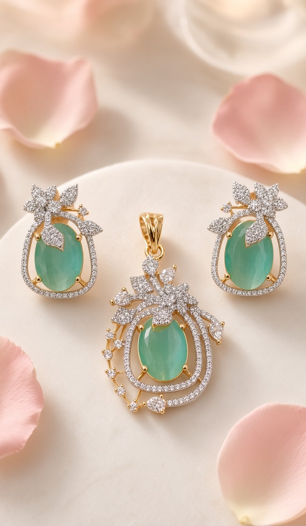 Imperial Seafoam Green Cabochon Pendant Set-Gold Finish