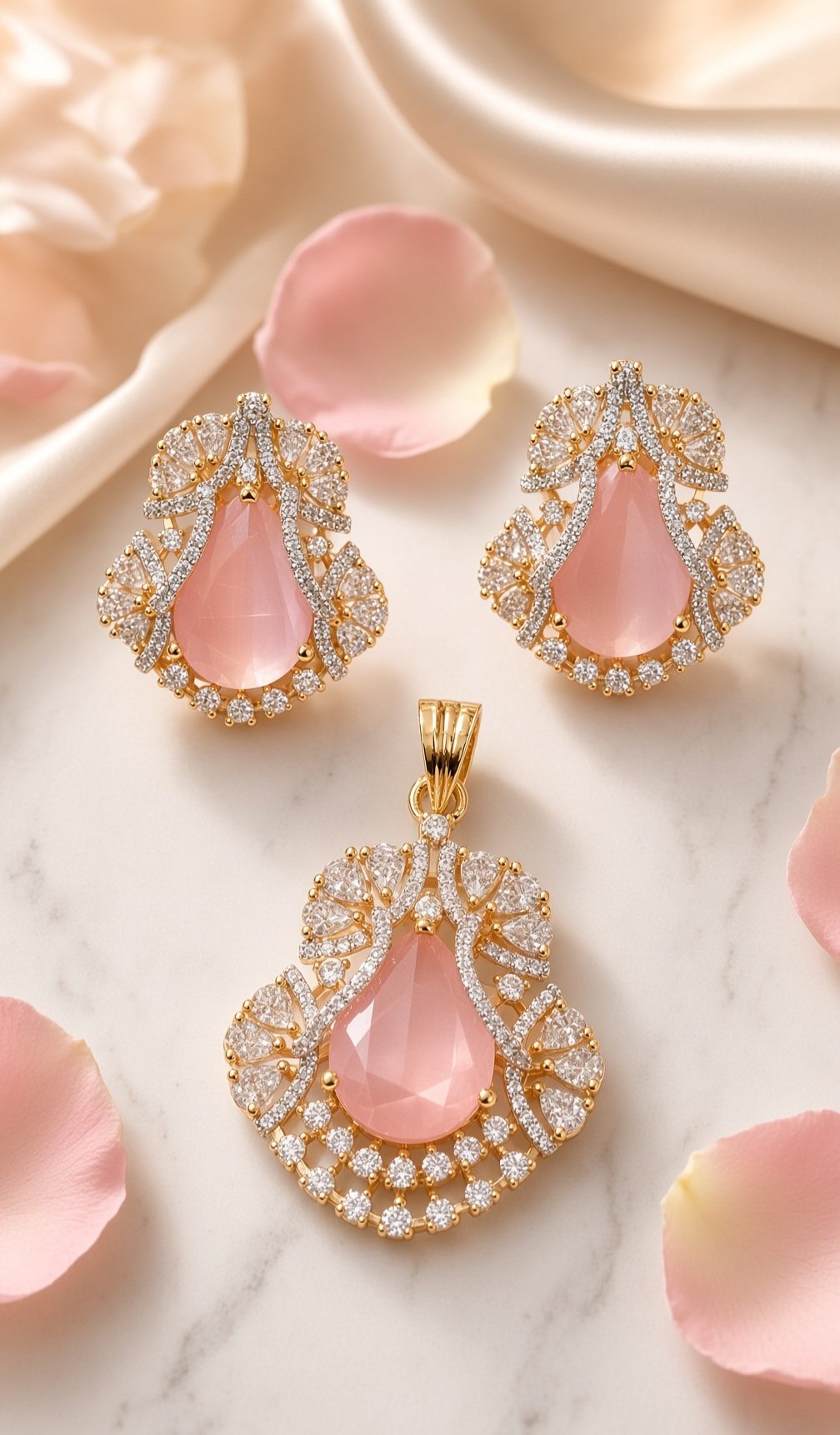 The Sovereign Rose Quartz Pear-Cut Pendant And Studs-Gold Finish