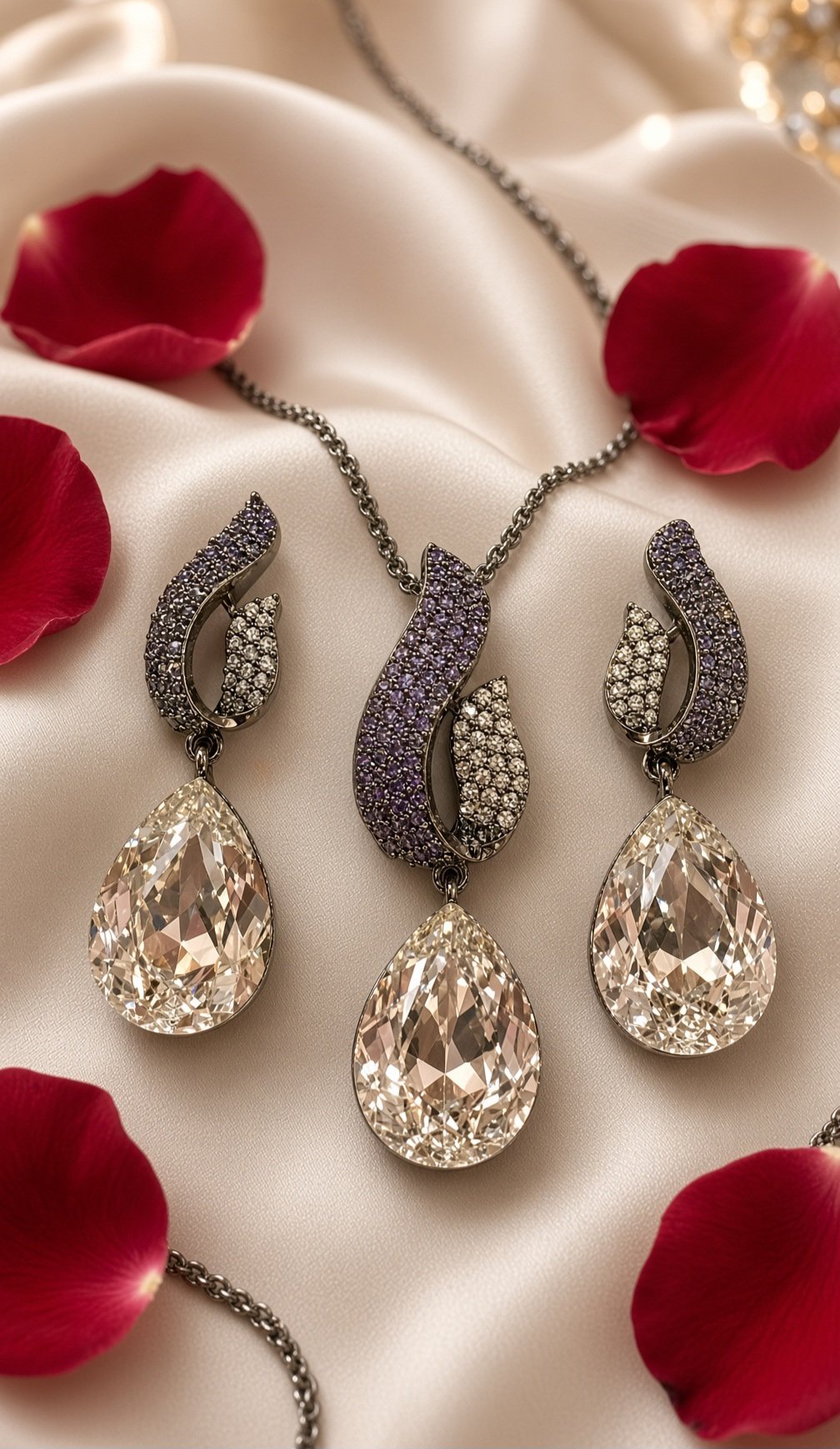 The Serpentina Amethyst Pavè And Teardrop Pendant Set-Black Rhodium Finish