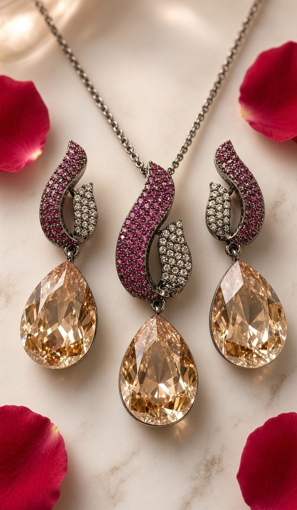 The Serpentina Ruby And Pavè Peach Pear-Cut Pendant Set-Black Rhodium Finish