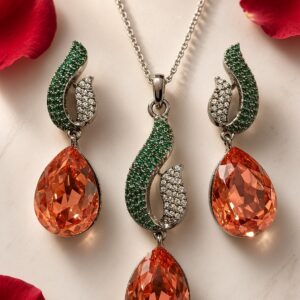 Royal Sinuous Emerald And Coral Peach Pendant Set-Black Rhodium Finish