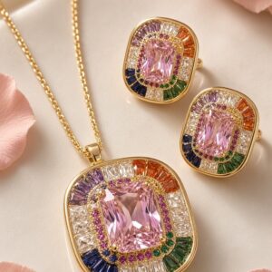 Glitz Multi Solitaire Pendant Necklace With Earrings