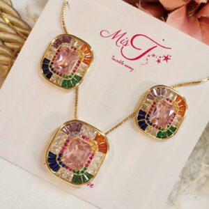 Glitz Multi Solitaire Pendant Necklace With Earrings