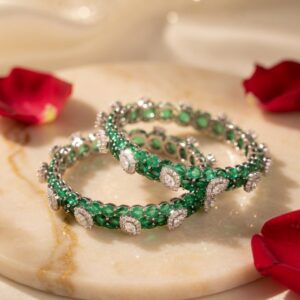 Maharani Emerald Zircon Premium Bangles-Platinum Finish