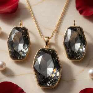 Elongated Hexagon Smoky Quartz Geometric Pendant Set-Gold Finish