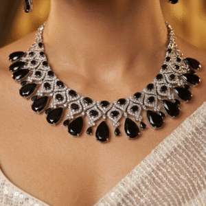 Eclipse Majestic Pear-Cut Black Spinel Statement Choker Set-Platinum Finish