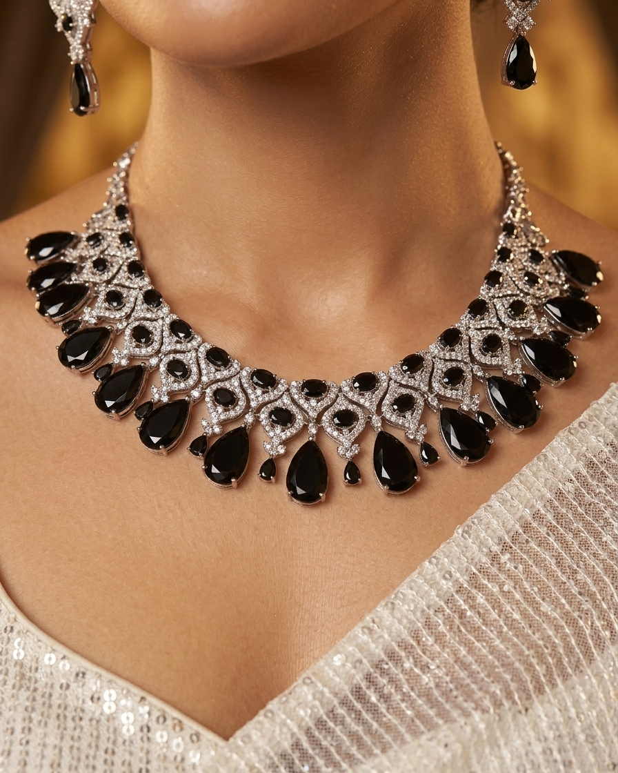 Eclipse Majestic Pear-Cut Black Spinel Statement Choker Set-Platinum Finish