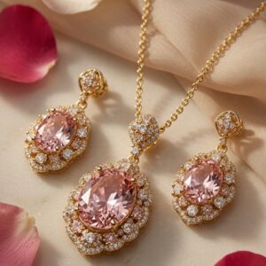 The Blush Sovereign Pink Quartz Scalloped Halo Pendant Set-Gold Finish