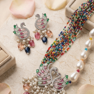 Navratan Hasna Zirconia Multi-Colour Baroque Pearls Pendant Set