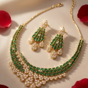 Intricate Tiered Emerald-Style Bridal Choker And Chandelier Earrings-Gold Finish