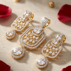 The Shalimar Blossom Rectangle Cubic Zirconia Pendant Set-Gold Finish