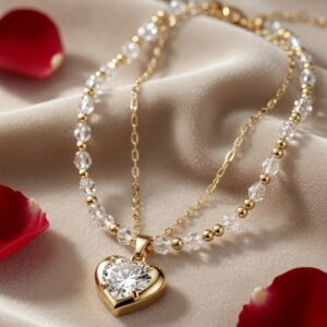 The Amara Layered Crystal Beads And Heart Pendant Necklace-Gold Finish