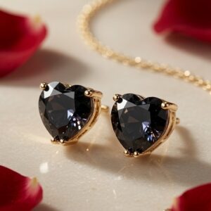 The Midnight Amour Deep Black Heart Studs-Gold Finish