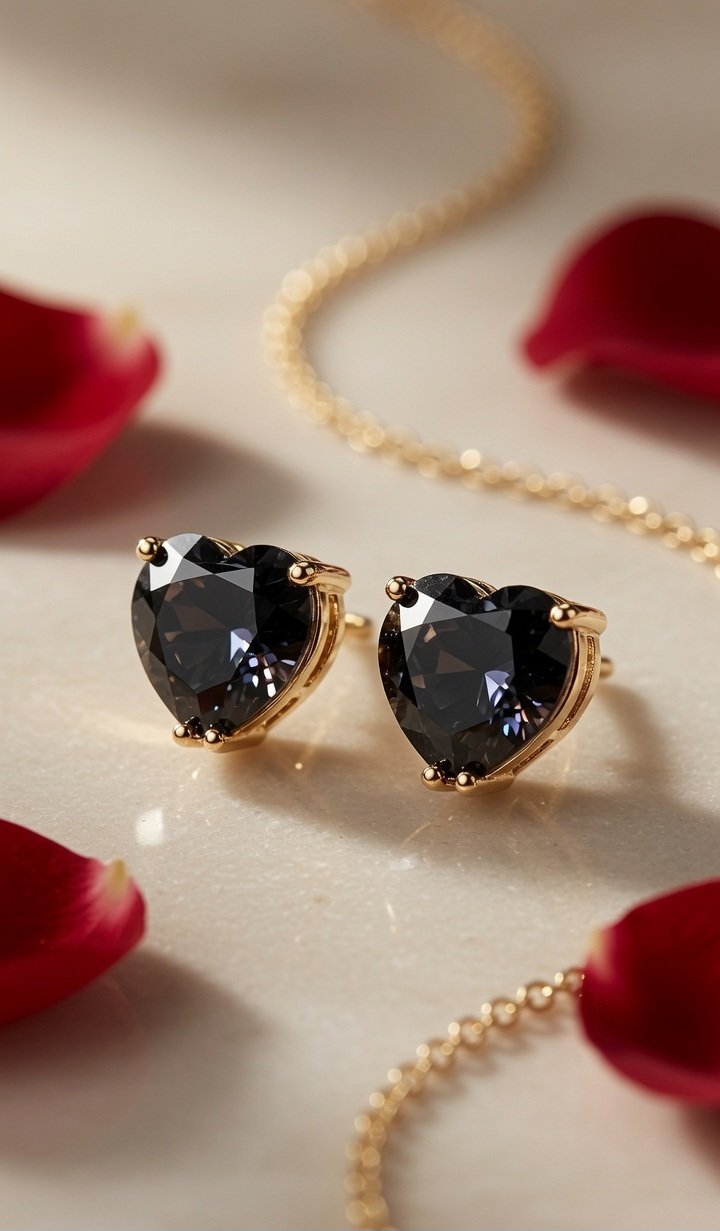 The Midnight Amour Deep Black Heart Studs-Gold Finish