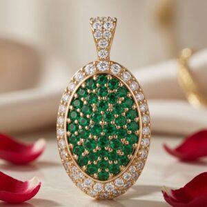 The Genevieve Vintage Style Green Emerald Pavè Medallion Pendant-Gold Finish