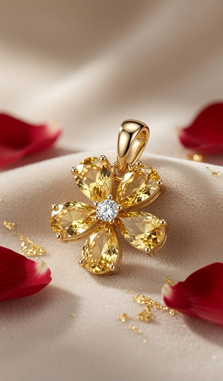 Canary Yellow And Diamond-Style Floral Pendant-Gold Finish