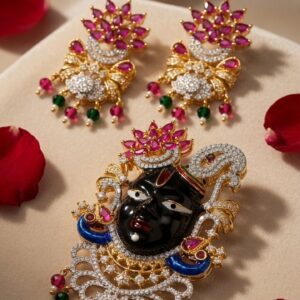 Royal Crimson Lotus Pushtimarg Black Enamel Shrinathji Pendant Set-Gold Finish