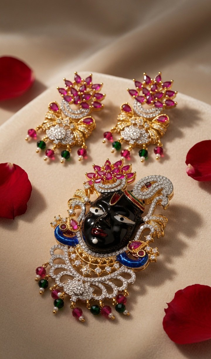 Royal Crimson Lotus Pushtimarg Black Enamel Shrinathji Pendant Set-Gold Finish