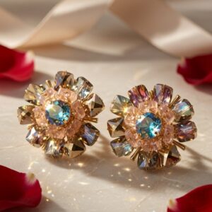 The Iridescent Aurora Crystal Flower Studs-Gold Finish