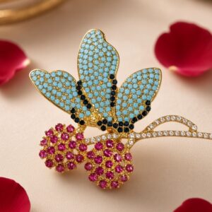 The Royal Turquoise Butterfly And Blossom Brooch-Gold Finish