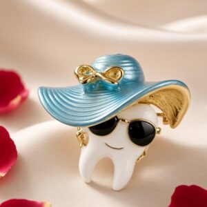 Blue Sunhat And Sunglasses Tooth Enamel Figurine Statement Brooch-Gold Finish