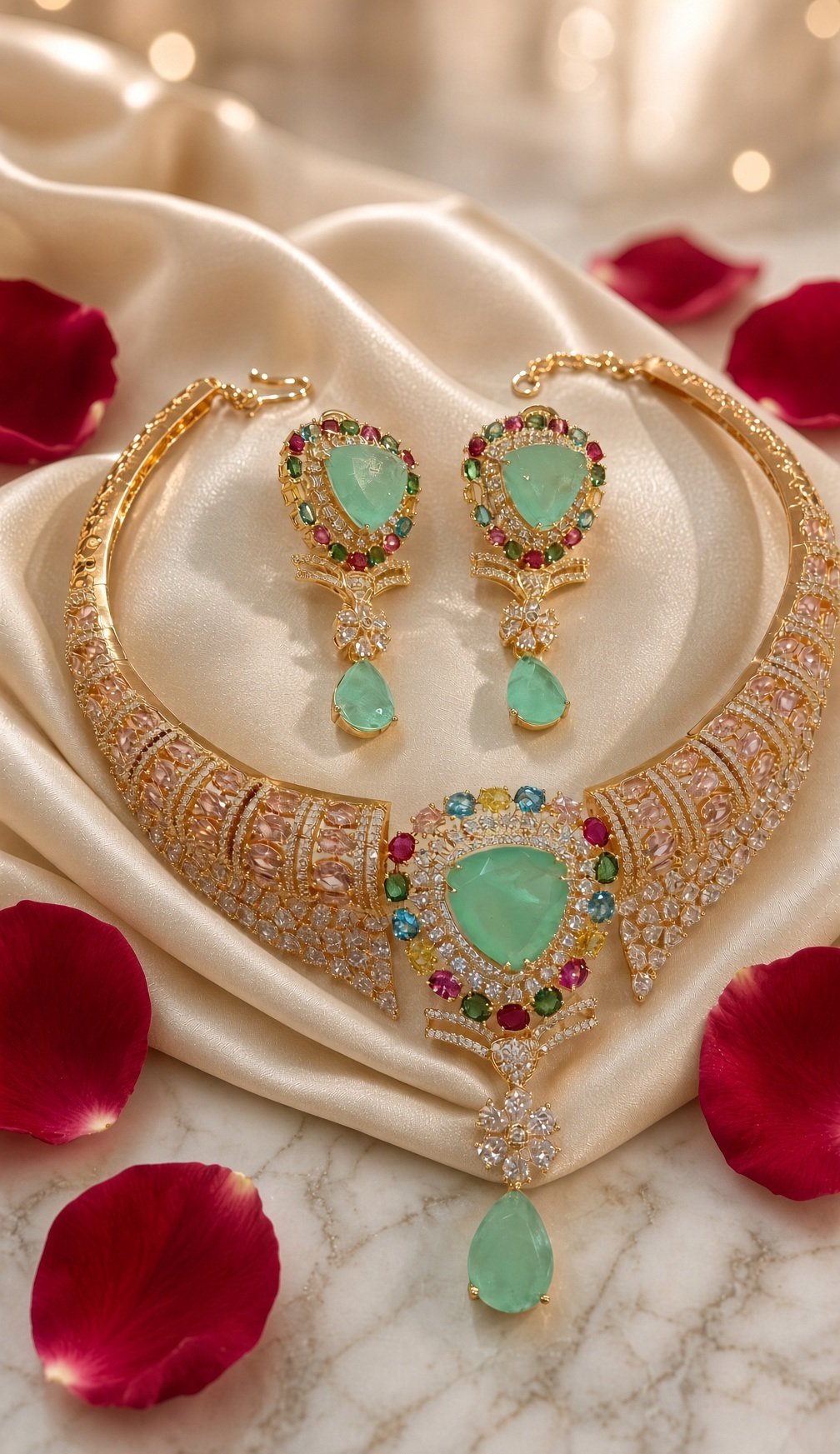 The Royal Mint Multi-Gemstone Blush Pink Cz Choker Set-Gold Finish - Image 3