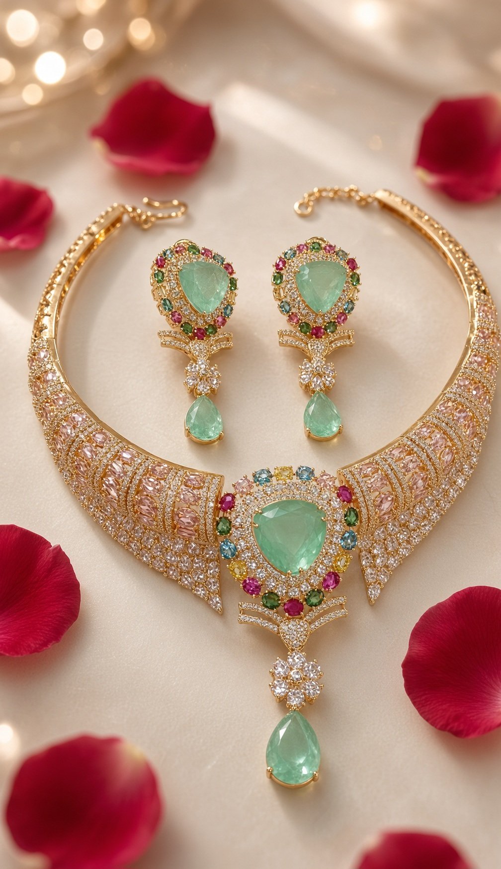 The Royal Mint Multi-Gemstone Blush Pink Cz Choker Set-Gold Finish