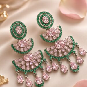 The Imperial Blush And Emerald Chandbali Earrings-Black Rhodium Finish