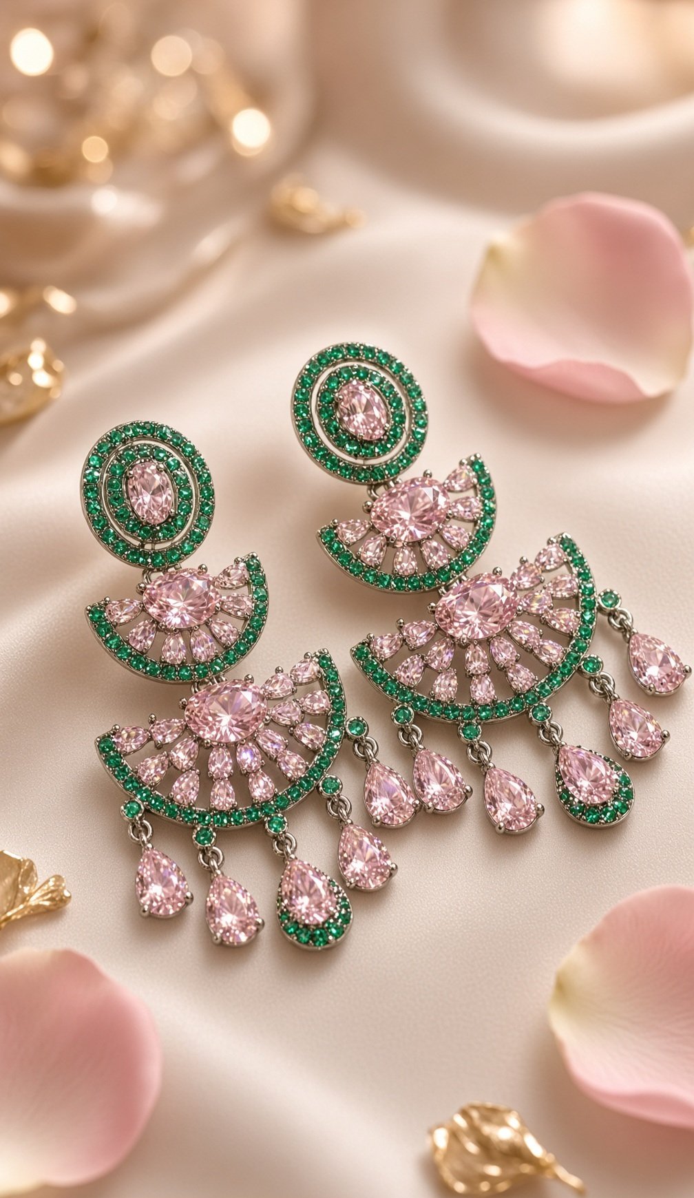 The Imperial Blush And Emerald Chandbali Earrings-Black Rhodium Finish