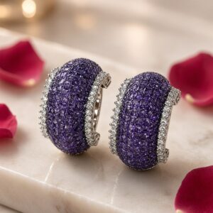 Royal Amethyst Mosaic Wide Hoop Earrings-Platinum Finish