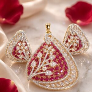 The Empress Crimson Floral Shield Pendant Set-Gold Finish