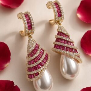 The Crimson Dynasty Ruby And Pearl Cascade Earrings-Gold Finish