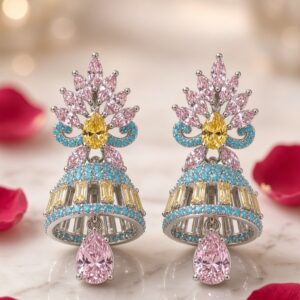 The Regal Pastel Bloom Turquoise And Blush Jhumka Earrings-Platinum Finish